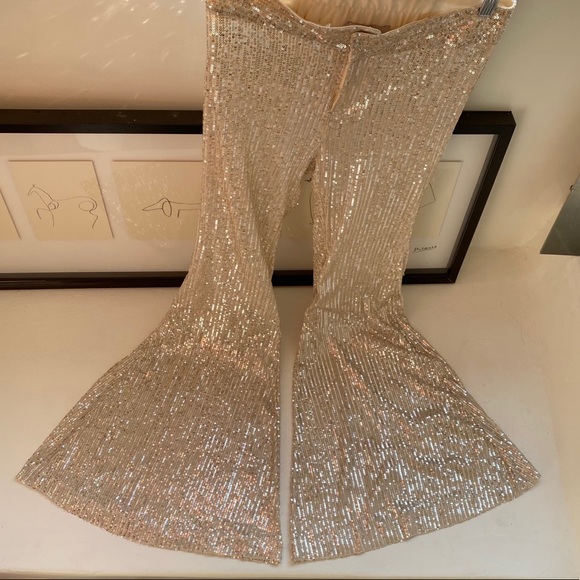 Blush Boutique Light Gold Sequin Bell Bottom Pants - Picture 7 of 10